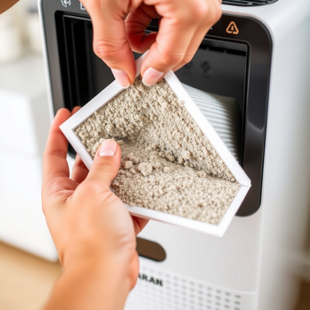 사용자가 공기청정기 덮개를 열고 먼지가 쌓인 프리필터를 분리하며 청소 상태를 점검하는 모습