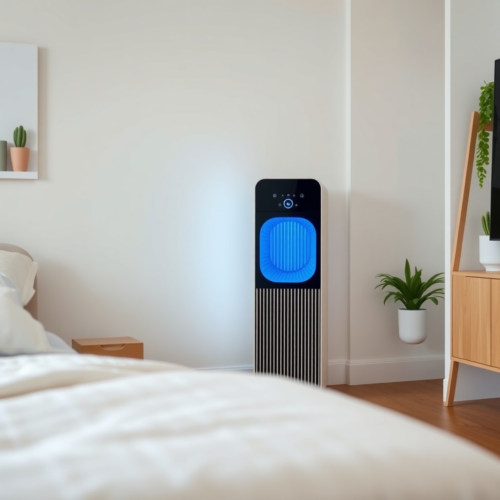깔끔하게 정리된 원룸 구석에서 조용히 작동 중인 소형 공기청정기